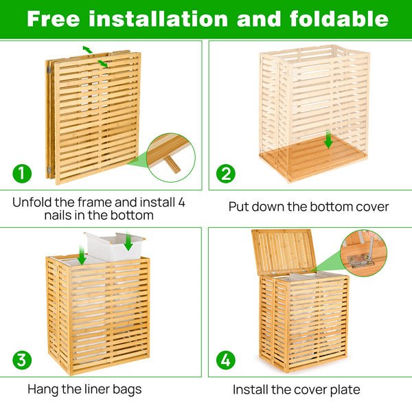 Step-by-step guide on how to assemble a bamboo laundry basket with text indicating free installation and foldability.
