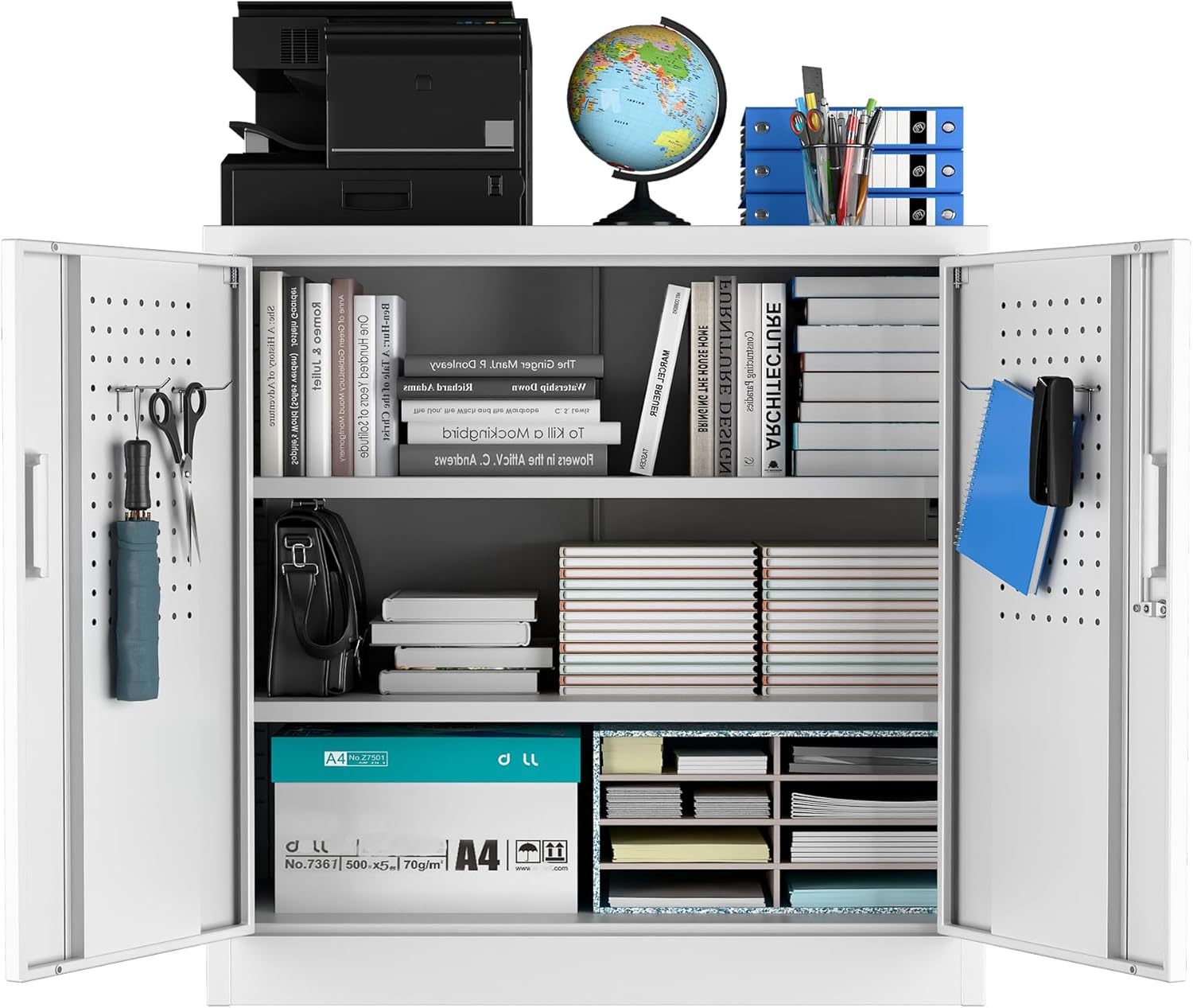 White office cabinet with shelves filled with office supplies on a white background
