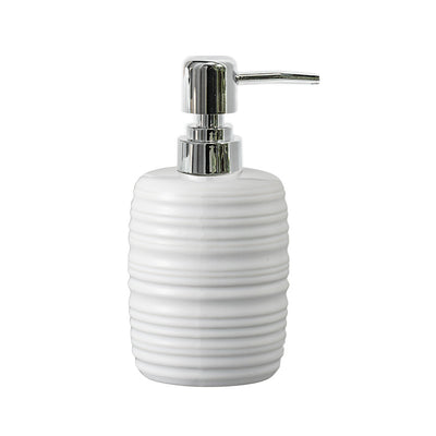 White ceramic soap dispenser with a silver pump on a white background