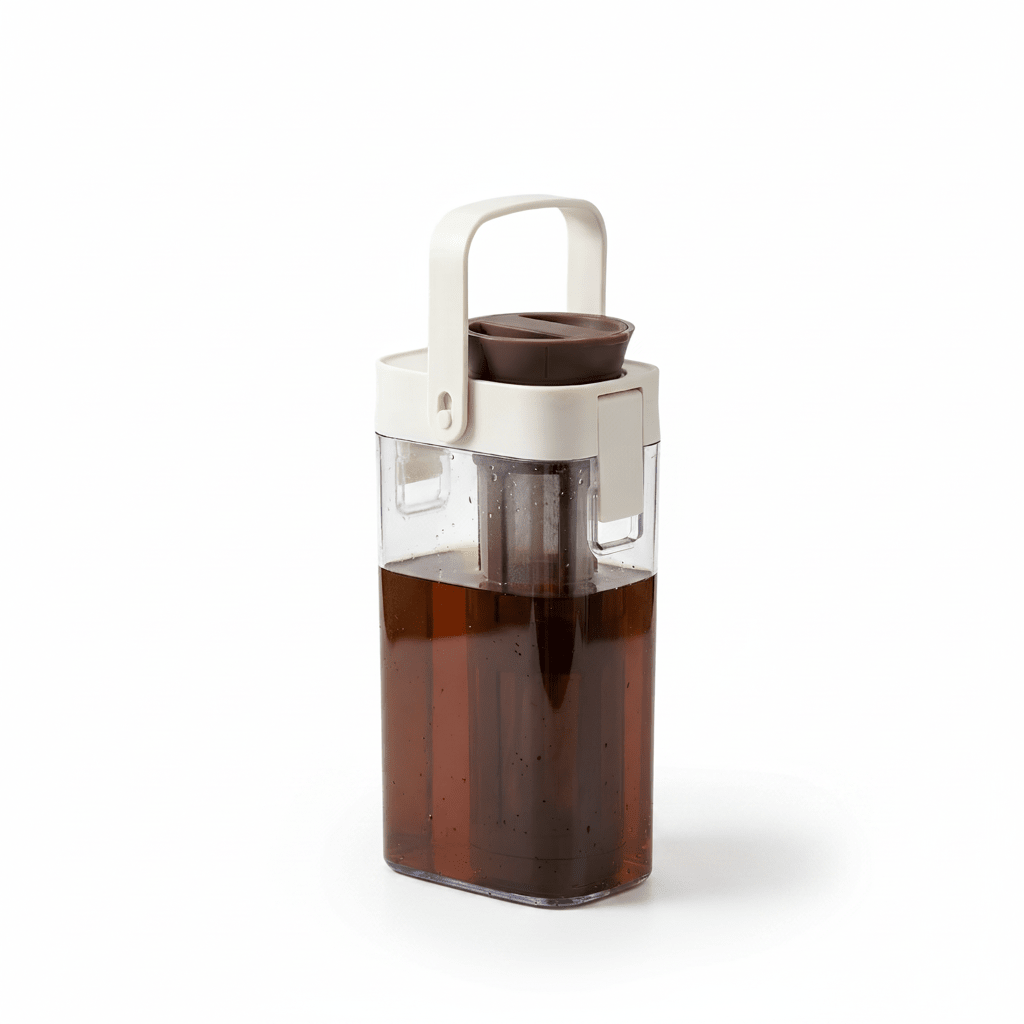 A clear plastic water bottle with a dark brown lid and a cream-colored carrying handle, shown on a solid white background.