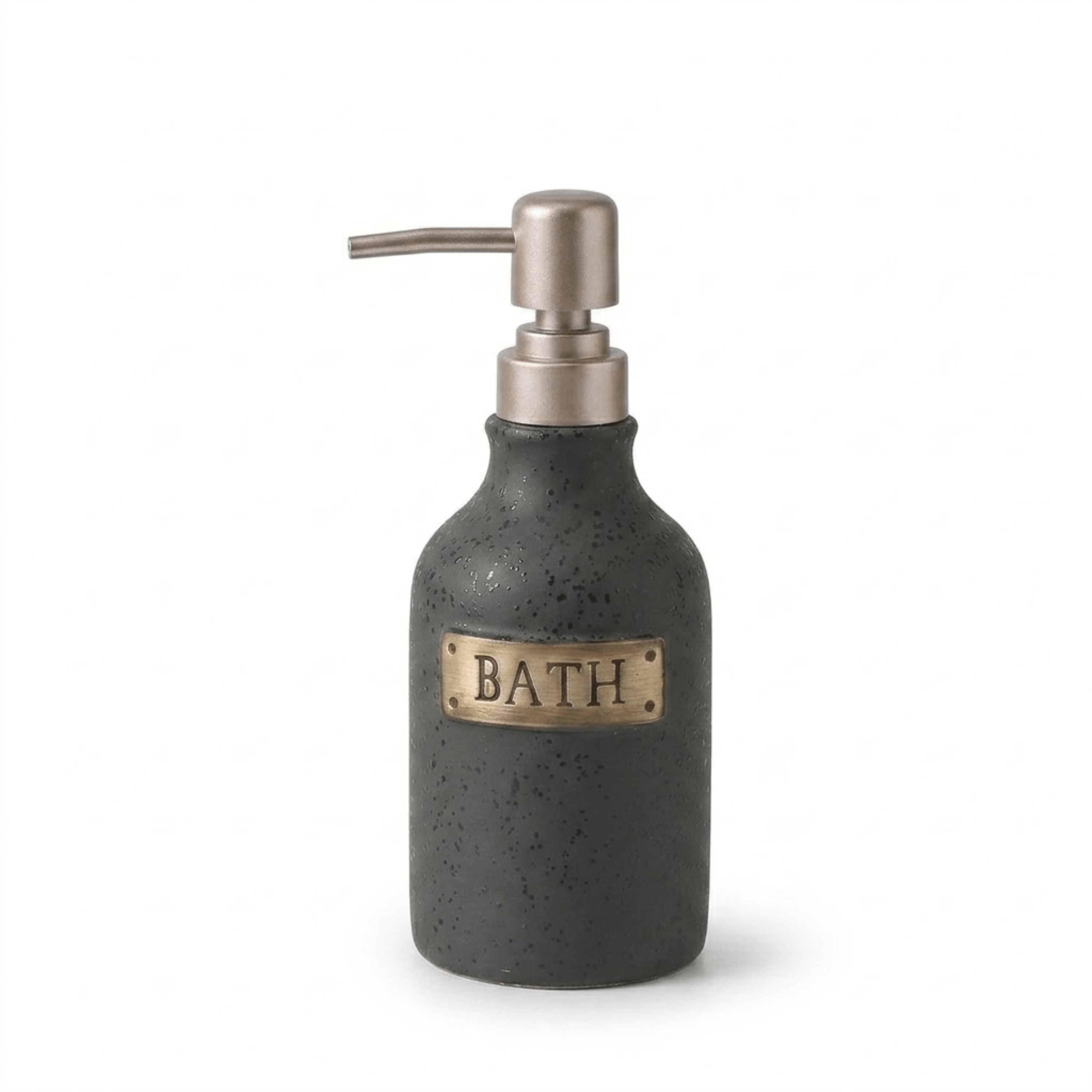 A dark speckled bathroom soap dispenser bottle with a brushed metal pump and a brass-colored 'BATH' label, shown on a white background.