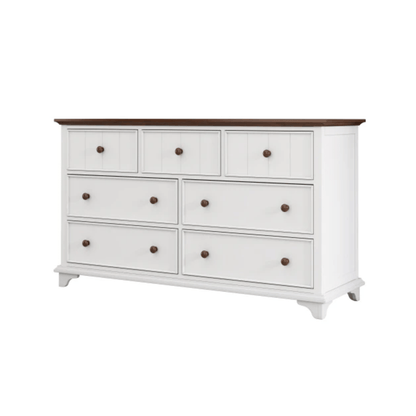 White dresser with brown top and drawers on a white background