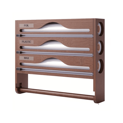 Wooden storage rack with labeled drawers for foil, plastic, and wax on a white background