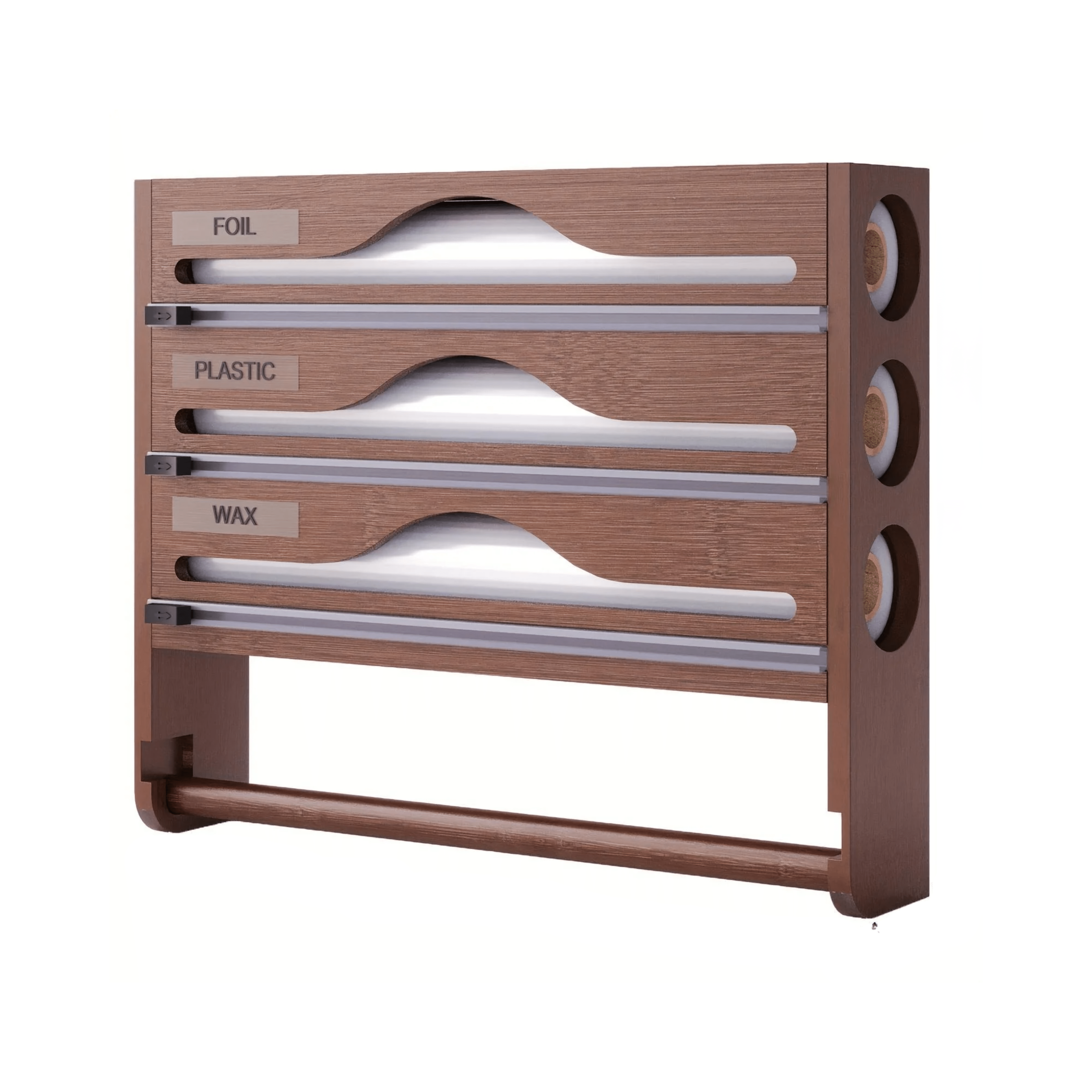 Wooden storage rack with labeled drawers for foil, plastic, and wax on a white background