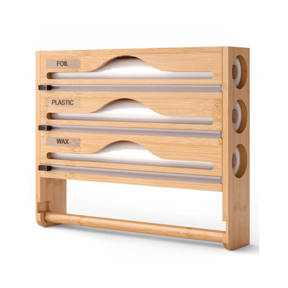 Wooden roller set with labeled compartments for foil, plastic, and wax on a white background