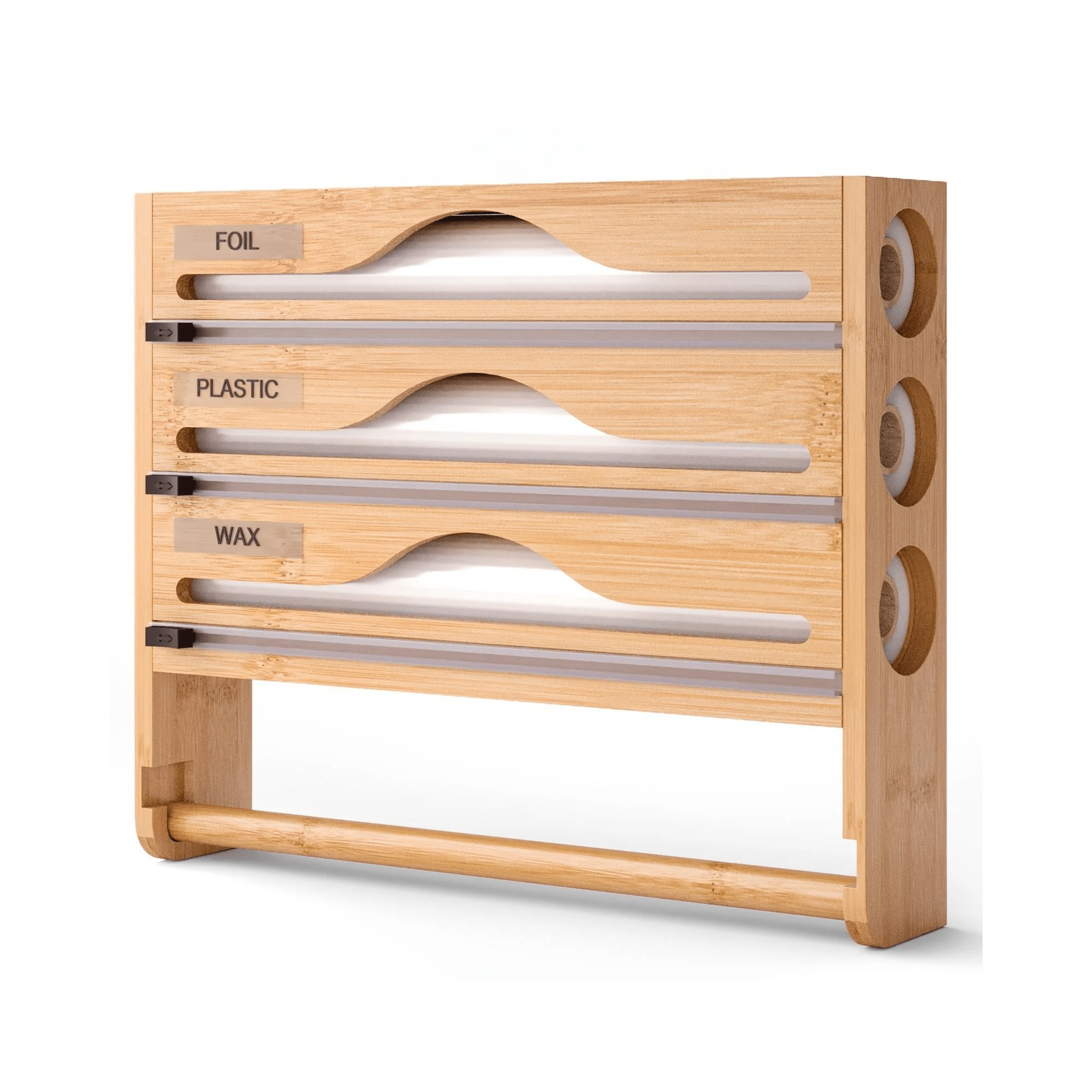 Wooden roller set with labeled compartments for foil, plastic, and wax on a white background