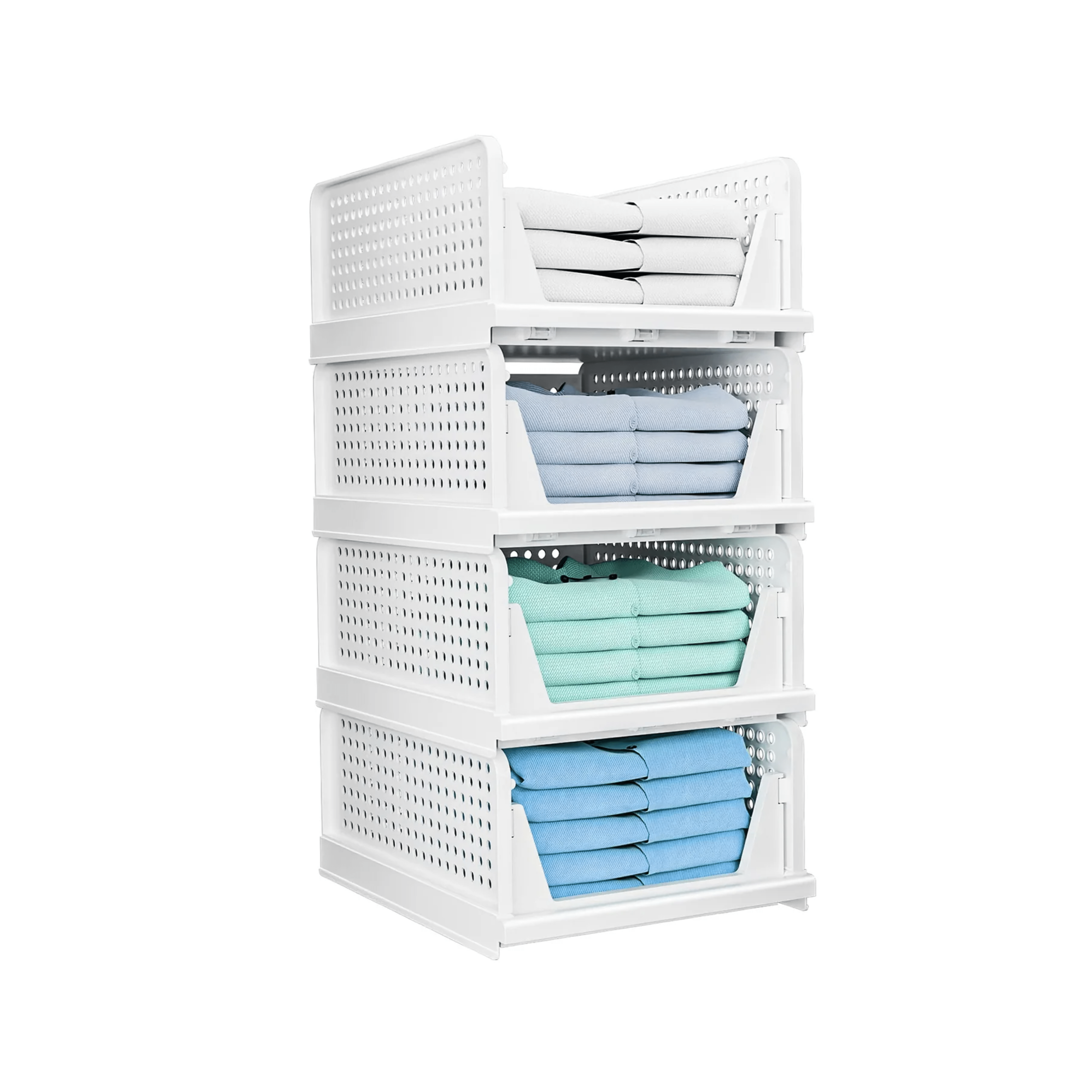 Stackable white storage baskets with blue and green items on a white background