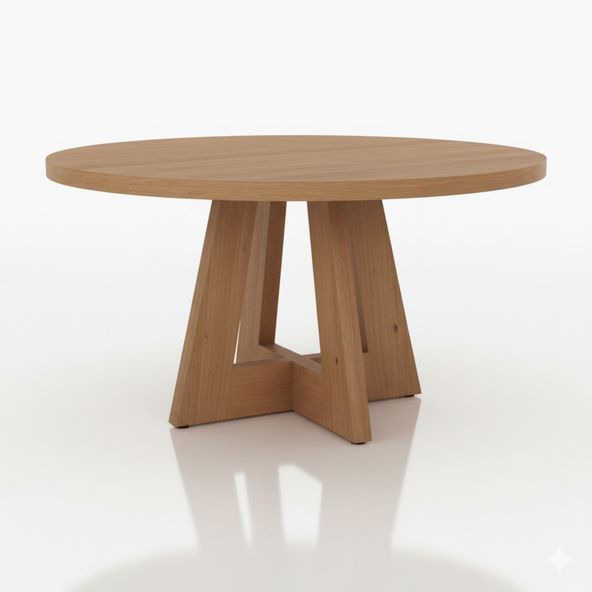 Wooden round table with a unique base design on a white background