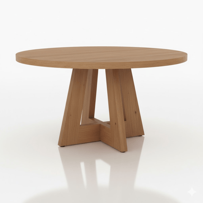 Wooden round table with a unique base design on a white background