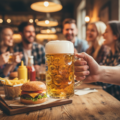 Group of friends enjoying a meal and drinks at a bar.