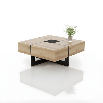 Wooden coffee table with black metal legs on a white background