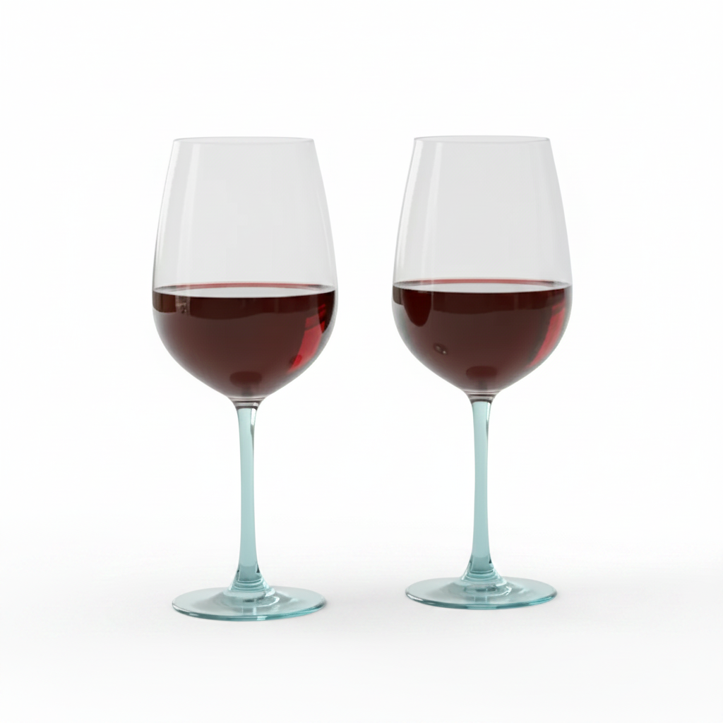 Two wine glasses filled with red wine on a white background