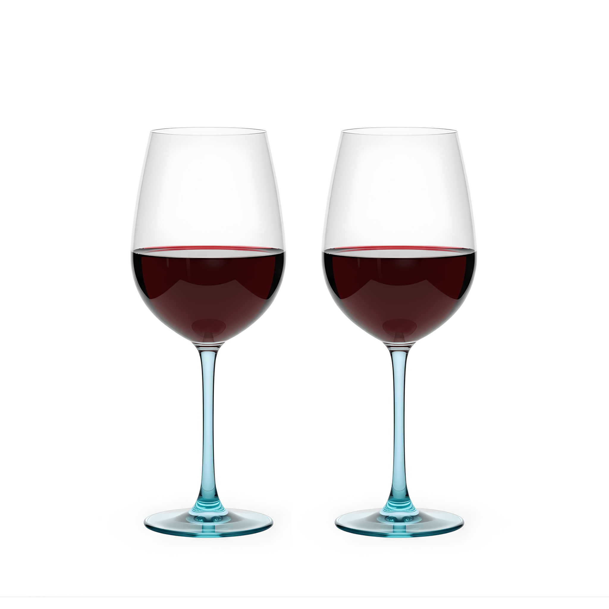 Two wine glasses filled with red wine on a white background