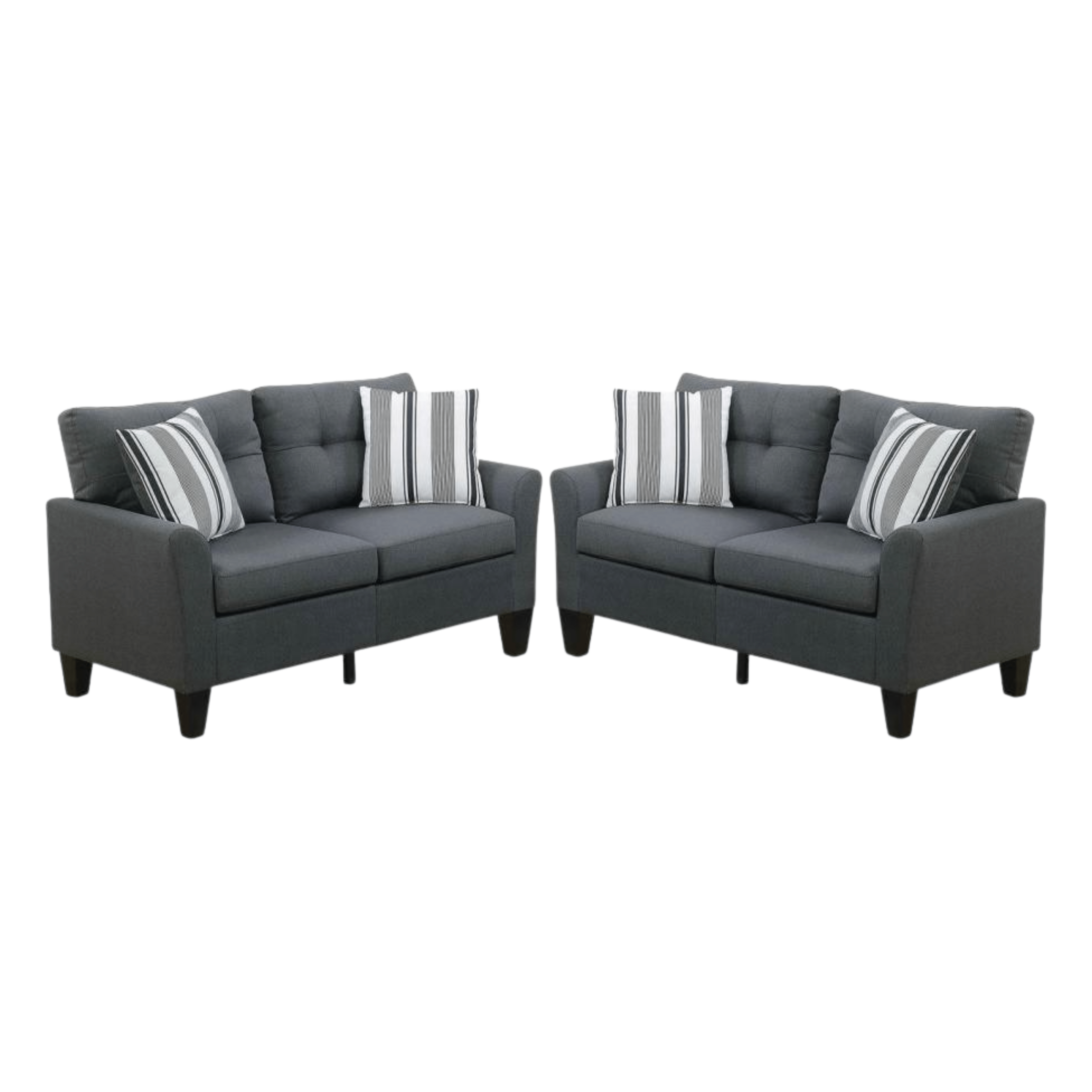 Gray sofa set with striped cushions on a white background