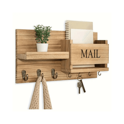 Wooden wall-mounted organizer with shelves, hooks, and a 'MAIL' box on a white background