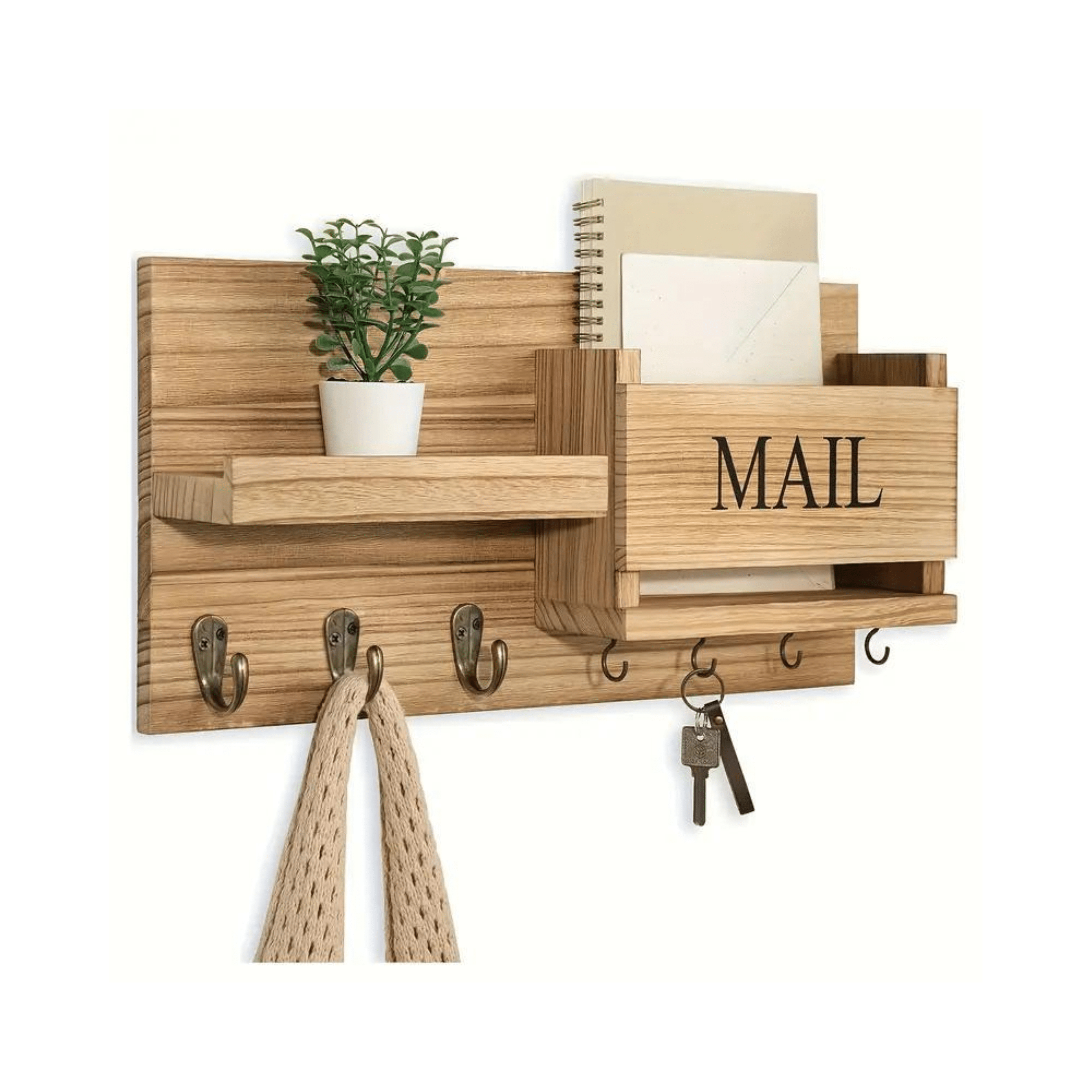 Wooden wall-mounted organizer with shelves, hooks, and a 'MAIL' box on a white background
