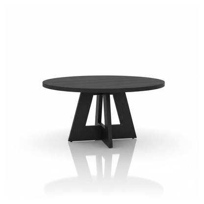 Black round table with a unique base design on a white background