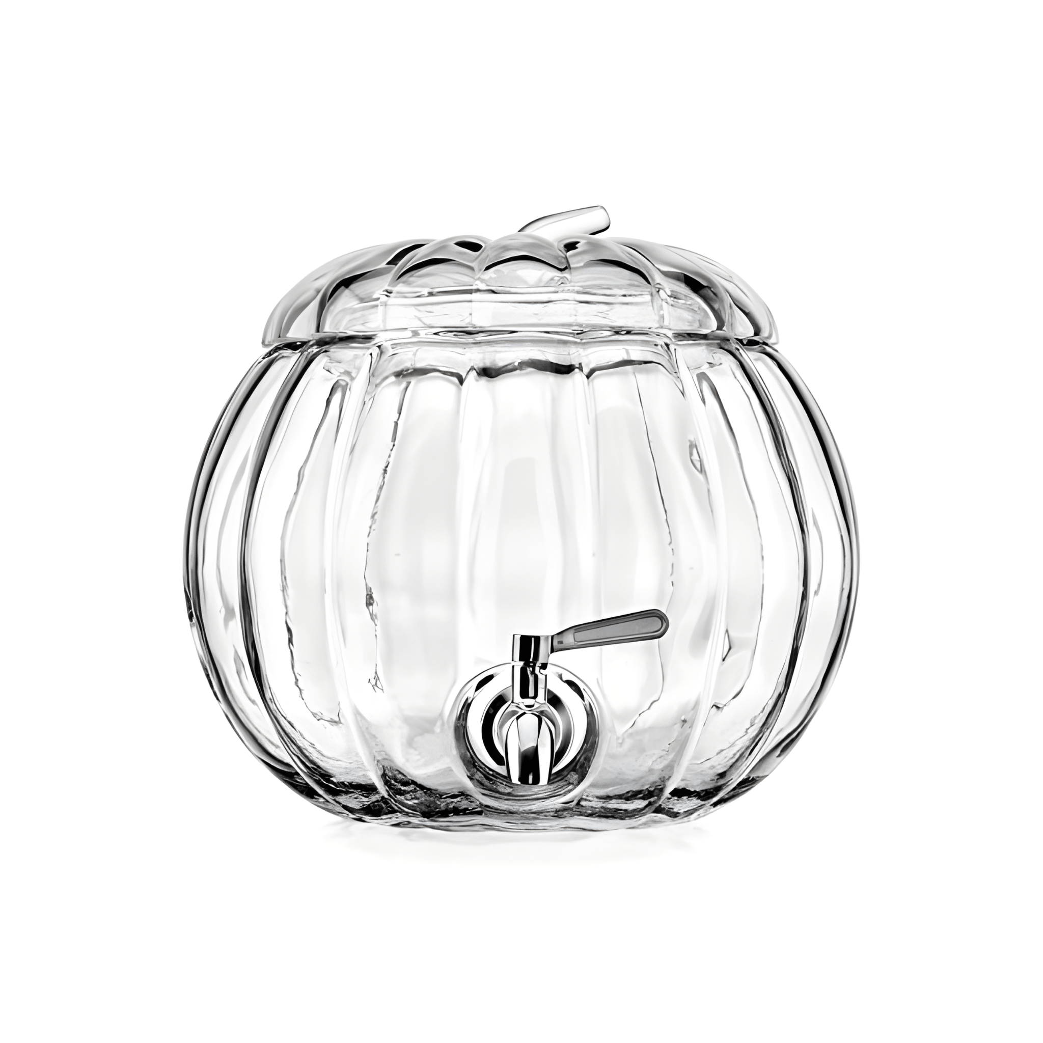 Clear glass pumpkin-shaped dispenser with a silver faucet on a white background
