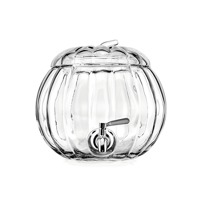 Clear glass pumpkin-shaped dispenser with a silver faucet on a white background