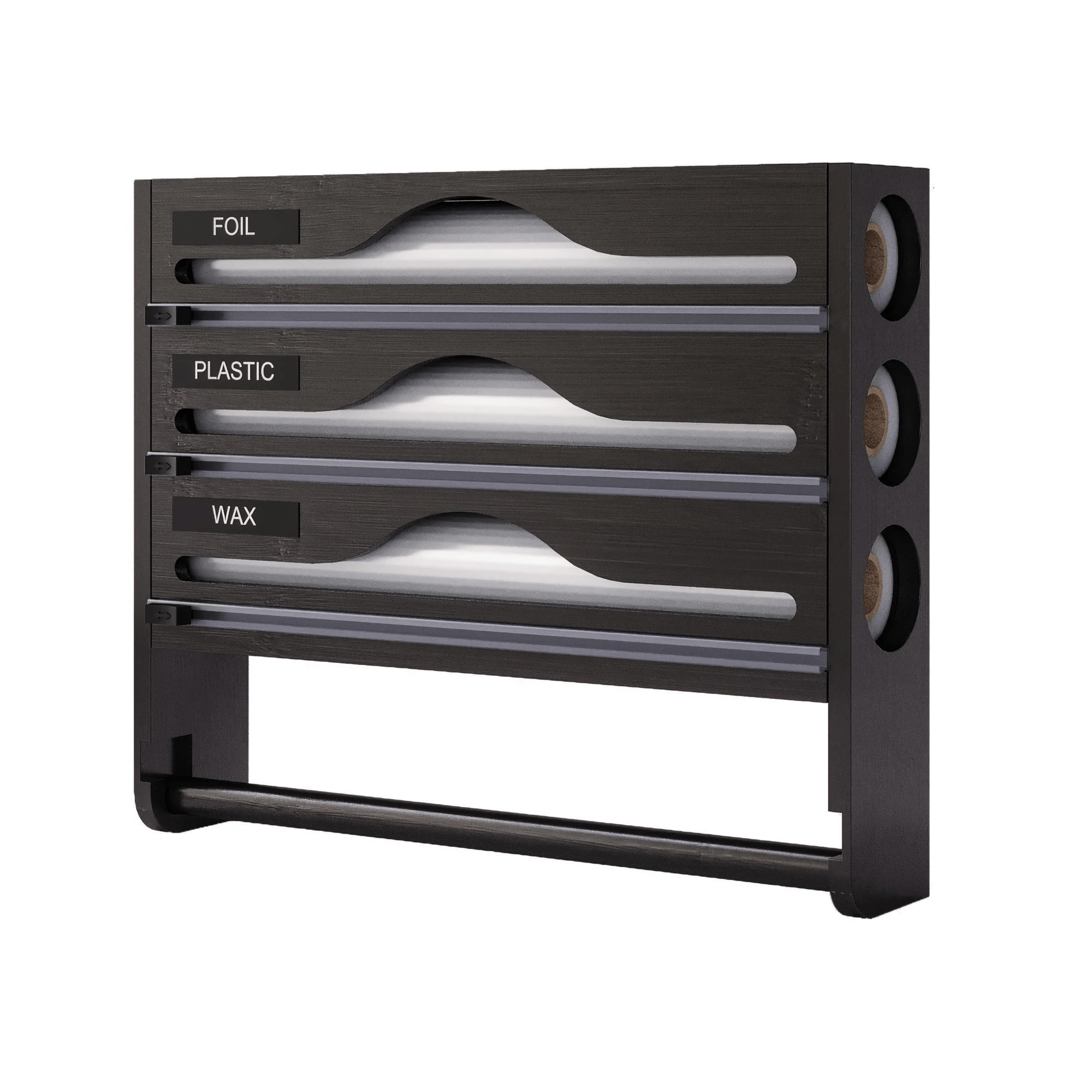 Black three-drawer organizer with labels for foil, plastic, and wax on a white background