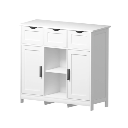 White cabinet with doors and drawers on a white background
