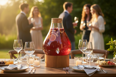Glass carafe with wooden base and lid filled with red liquid and fruit pieces on a white background
