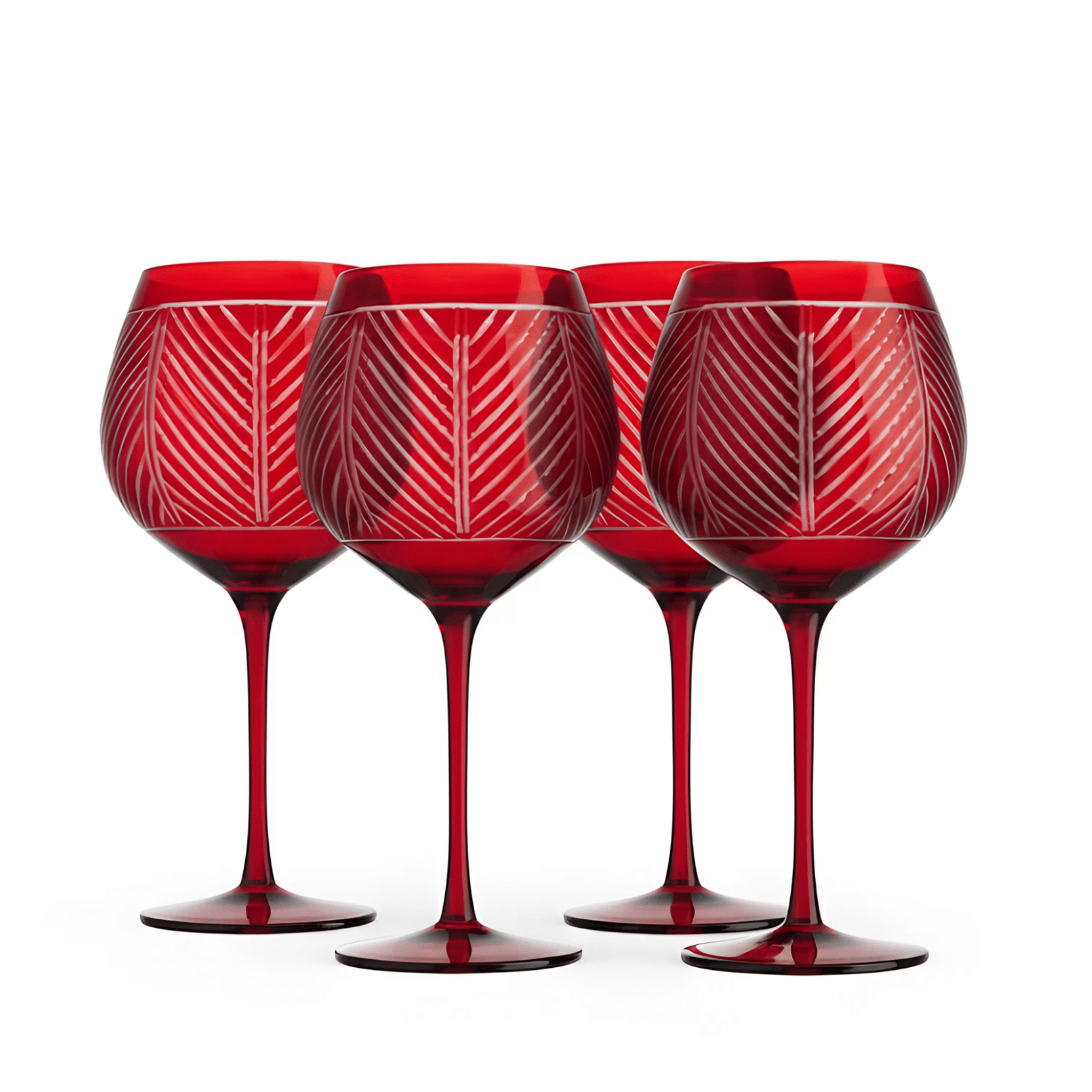 Four red wine glasses with geometric patterns on a white background