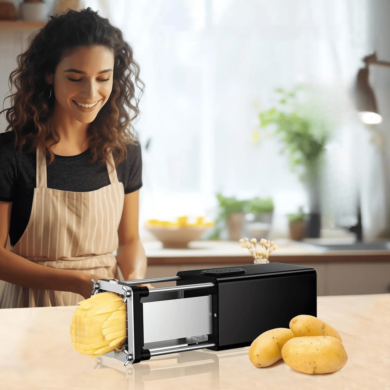 Electric French fry cutter with stainless steel blades cutting potatoes on kitchen counter.