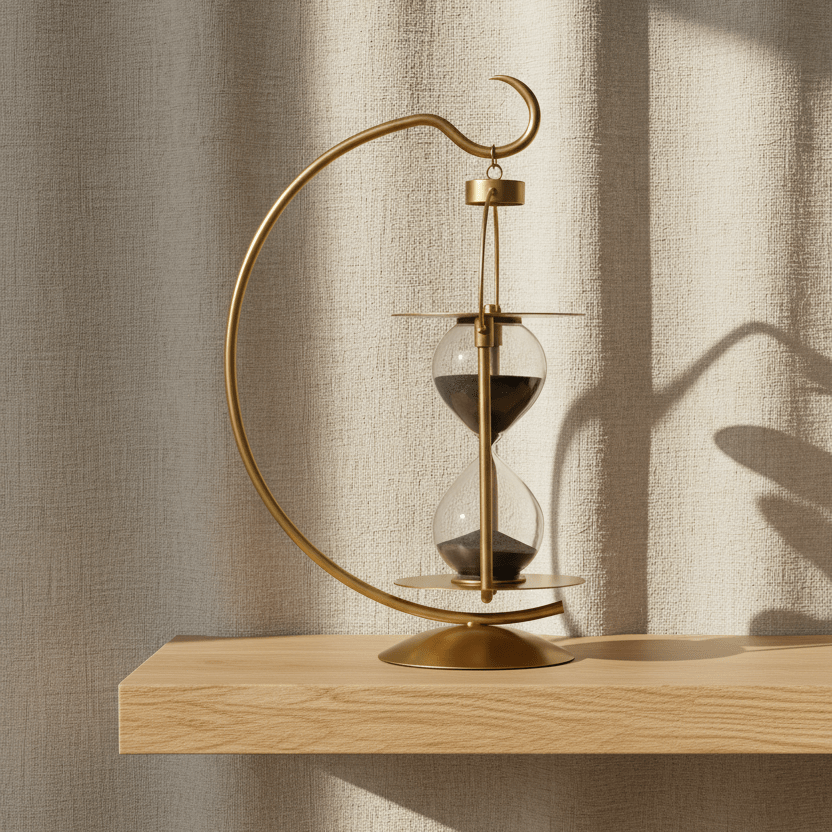 Decorative hourglass with gold frame on a wooden shelf against a textured beige wall.