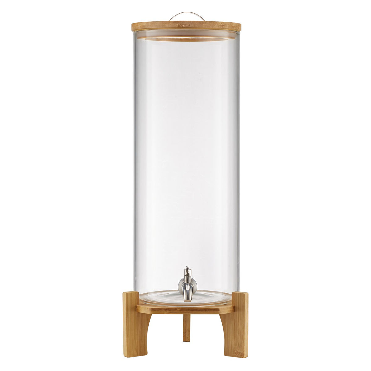 Clear cylindrical drink dispenser with wooden base and lid on a white background