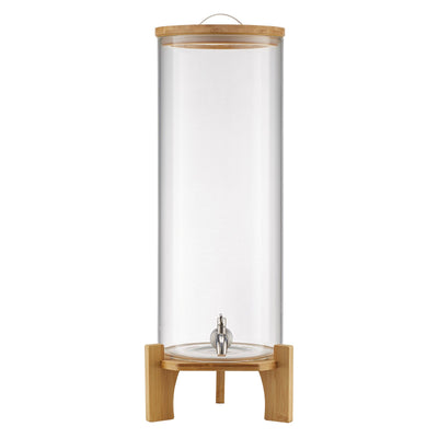 Clear cylindrical drink dispenser with wooden base and lid on a white background