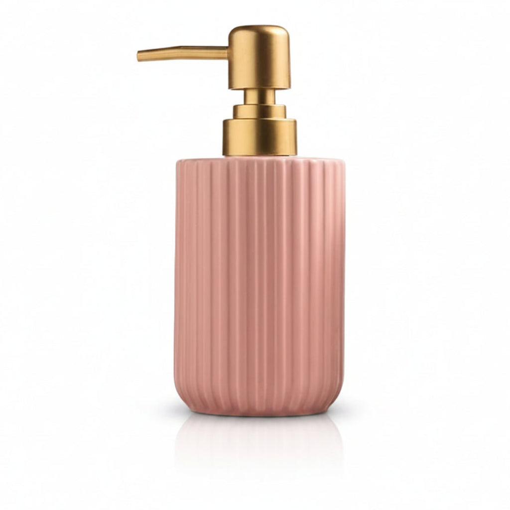 Matte pink ribbed lotion bottle with a gold pump dispenser, shown with dimension labels (7.5cm top, 17cm height) and text noting weight ~280g and capacity ~300ml on a white background.