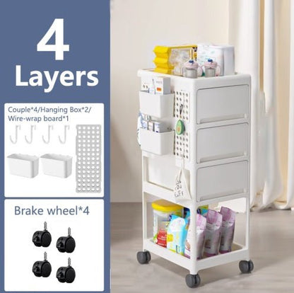 White storage cart with four layers, wheels, and hanging boxes on a neutral background.