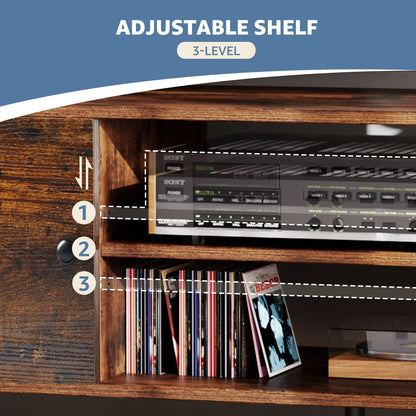 Wooden entertainment console with adjustable shelf holding a vintage Sony stereo system and records.