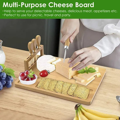 Multi-purpose cheese board with cheese, crackers, and fruit on a wooden surface.