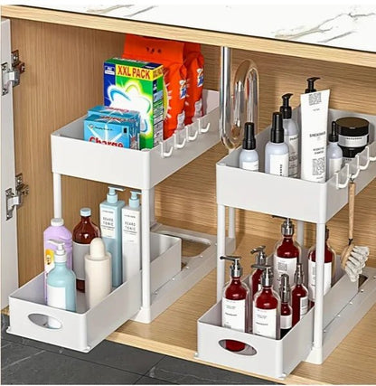 Under-cabinet organizer with various products on a wooden floor.