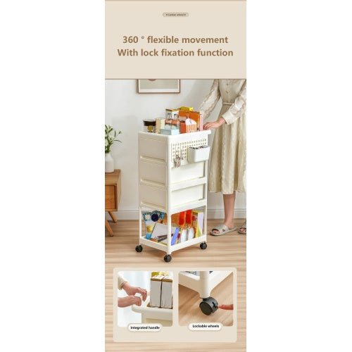 White rolling cart with storage compartments in a room setting, featuring text about flexible movement and lock fixation function.