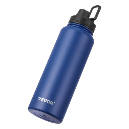 Blue water bottle with black lid on a white background, featuring the Vevor brand.