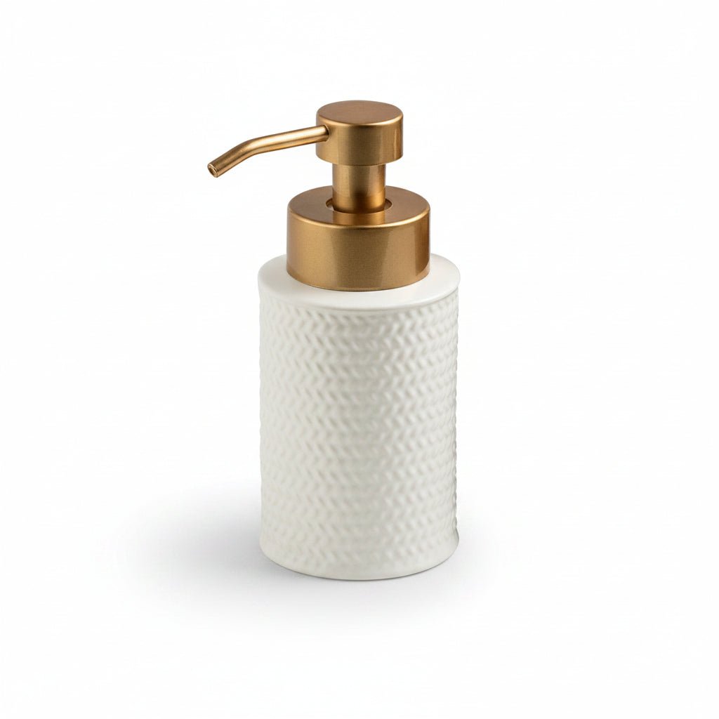 White woven pattern lotion bottle with gold pump, dimensions, weight, and capacity displayed.