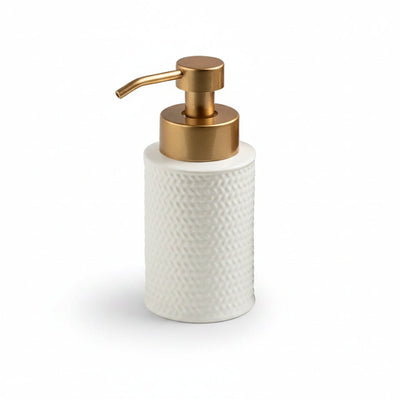 White woven pattern lotion bottle with gold pump, dimensions, weight, and capacity displayed.
