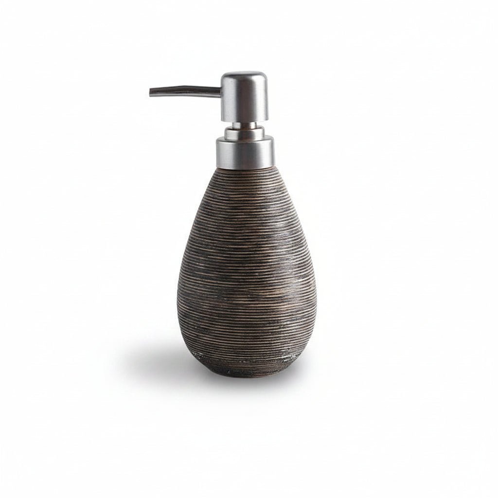 A teardrop-shaped soap dispenser with a dark brown textured body and a brushed silver pump, shown with dimension lines indicating a height of 18cm and a width of 9cm on a white background.