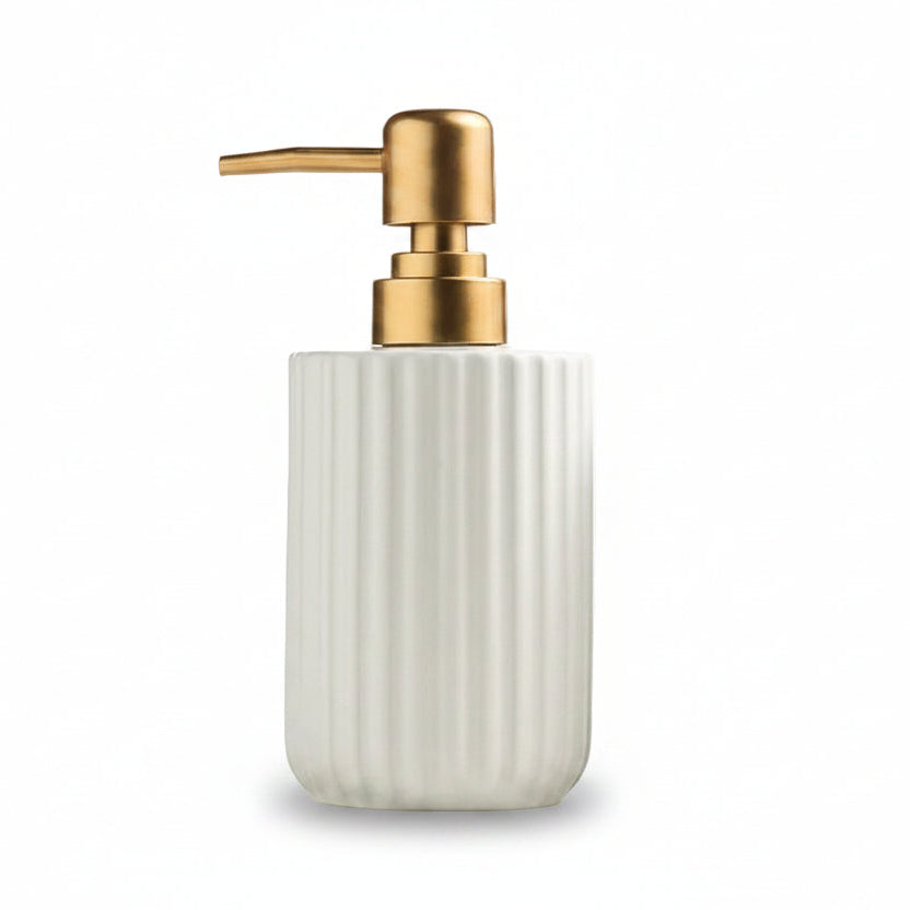 Matte white ribbed lotion bottle with a gold pump dispenser, shown with dimension labels (7.5cm top, 17cm height) and text noting weight ~280g and capacity ~300ml.