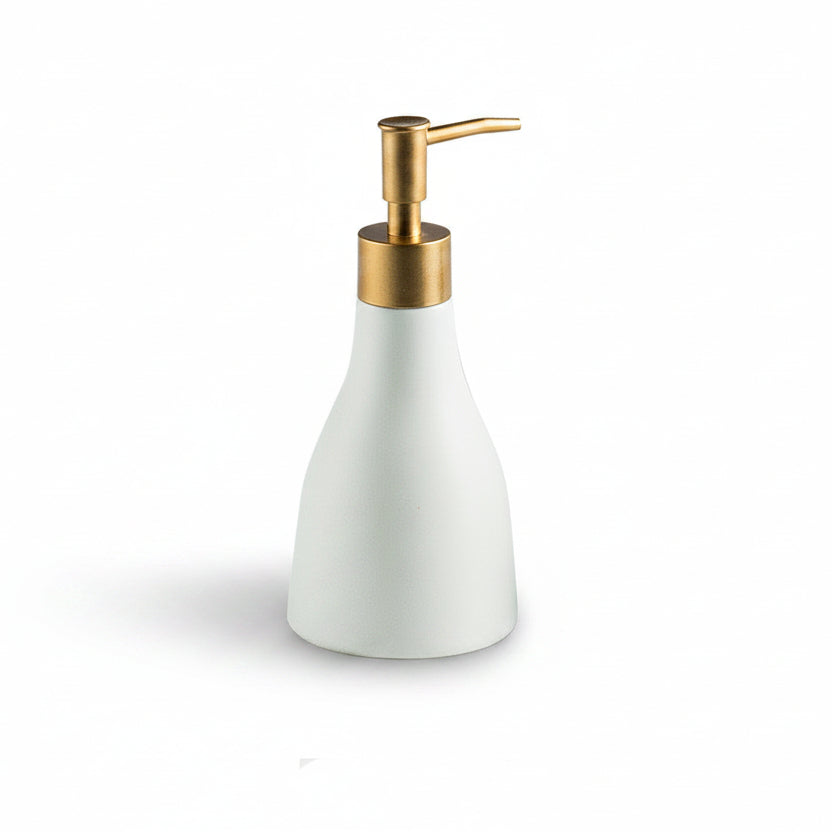 White soap dispenser with gold pump and measurements on a white background