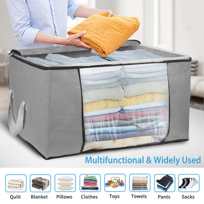 Person folding a yellow towel above a gray storage bag filled with folded clothes, with text 'Multifunctional & Widely Used' and icons below.