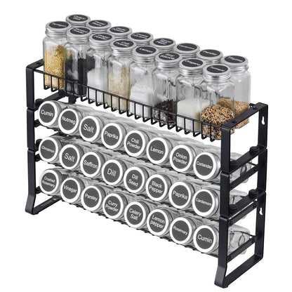 Spice rack with labeled spice containers on a white background
