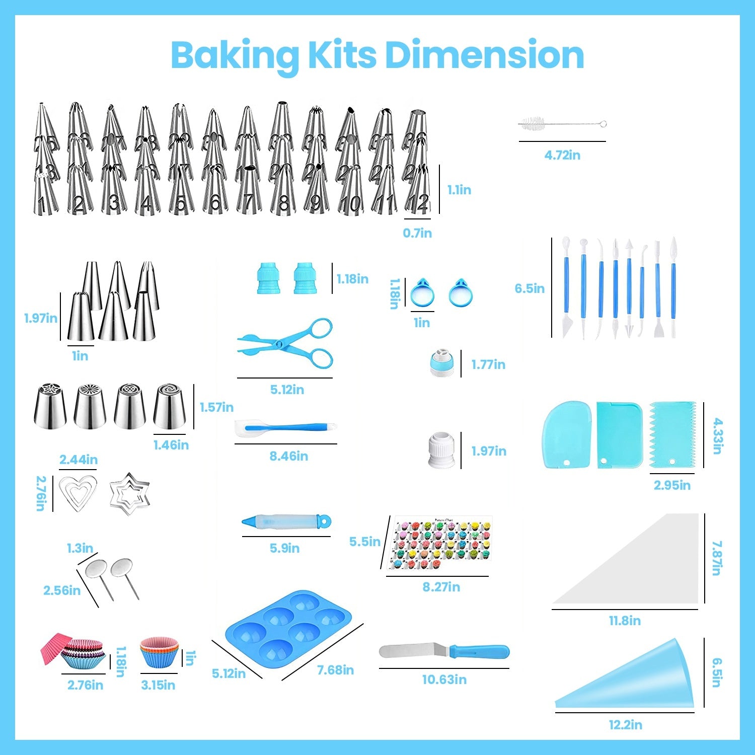 Baking kits dimensions chart with various tools and their measurements on a blue background.