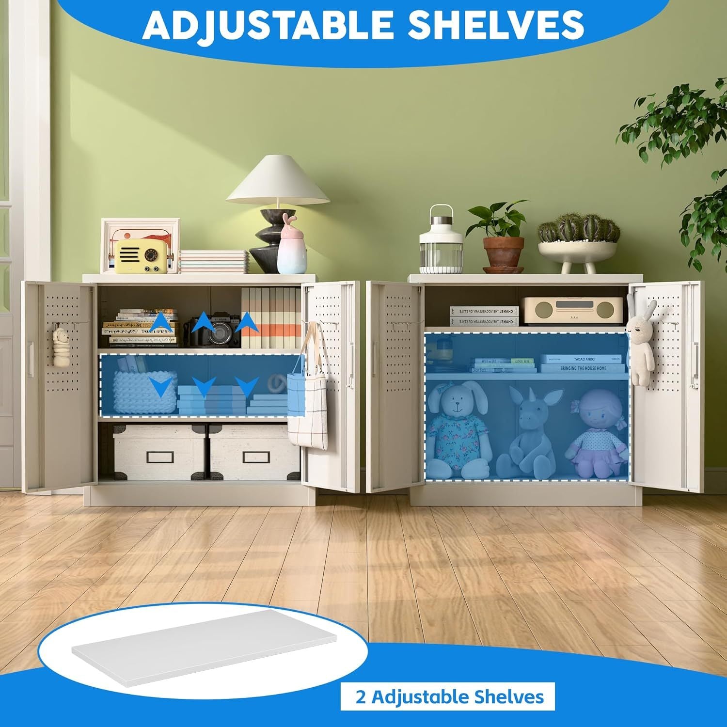 Storage unit with adjustable shelves in a room with green walls and wooden flooring.