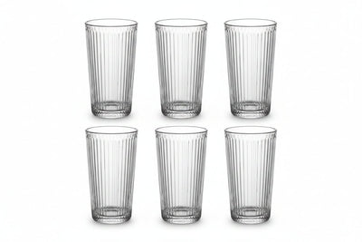 Set of 6 ribbed highball glasses arranged in two rows on a white background, 18 oz clear glass with vertical ribbed texture