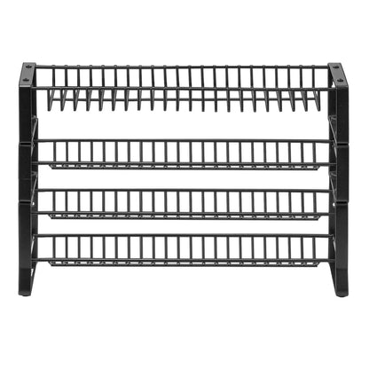 Black metal drying rack with multiple shelves on a white background