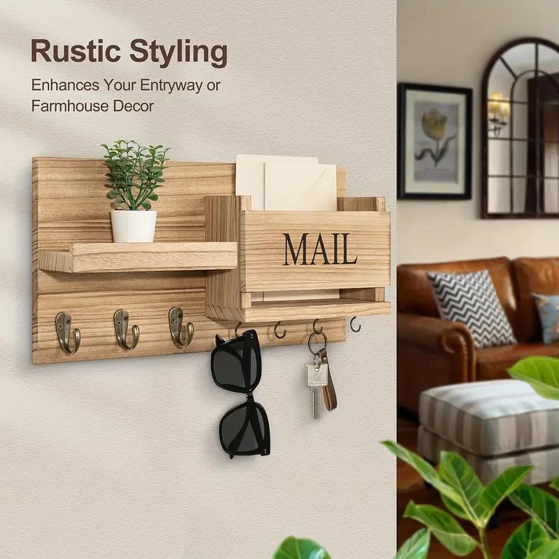 Wooden wall-mounted organizer with shelves and hooks, labeled 'Rustic Styling Enhances Your Entryway or Farmhouse Decor'.